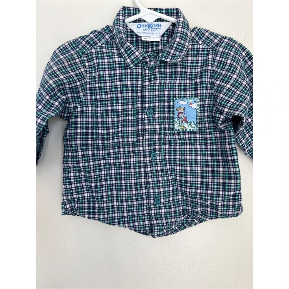 Vtg Oshkosh Vestbak Denim Bib Overalls Plaid Shirt Set Boys 12M USA RARE Plane